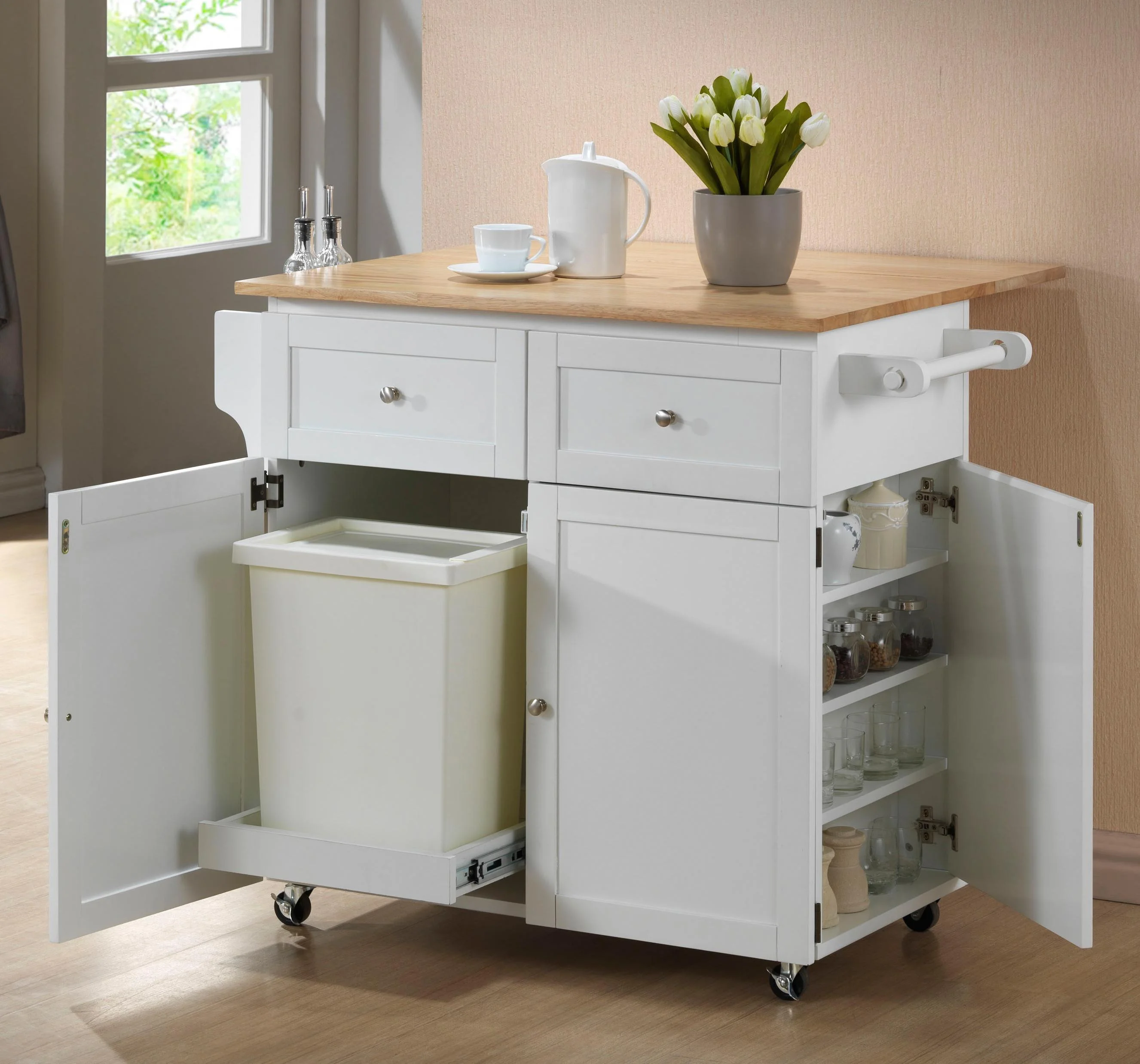 Coaster Kitchen Carts 900558 Kitchen Cart w/ Leaf, Trash Compartment, & Spice Rack Value City